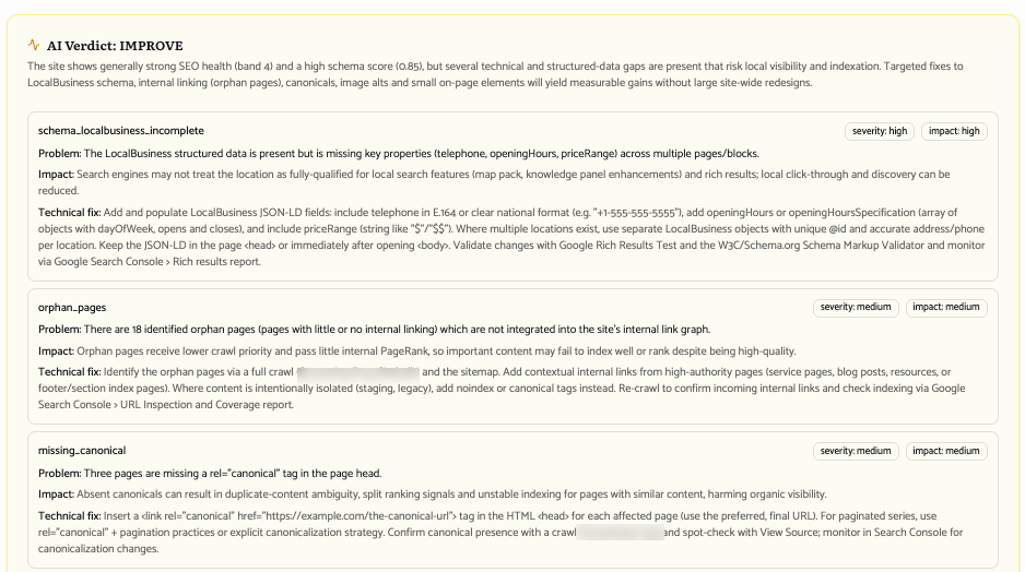 Jackdaw SEO findings: an overall verdict of "Improve" followed by ranked findings for LocalBusiness schema, orphan pages and missing canonicals, each with a severity, an impact and a technical fix.