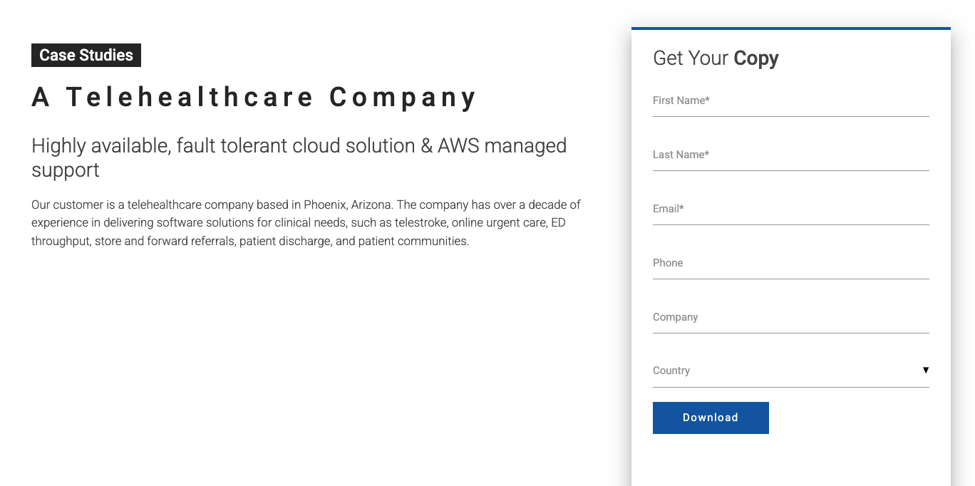Case-study page with a vague telehealthcare headline, service-oriented subhead, company-background paragraph, and a large download form.