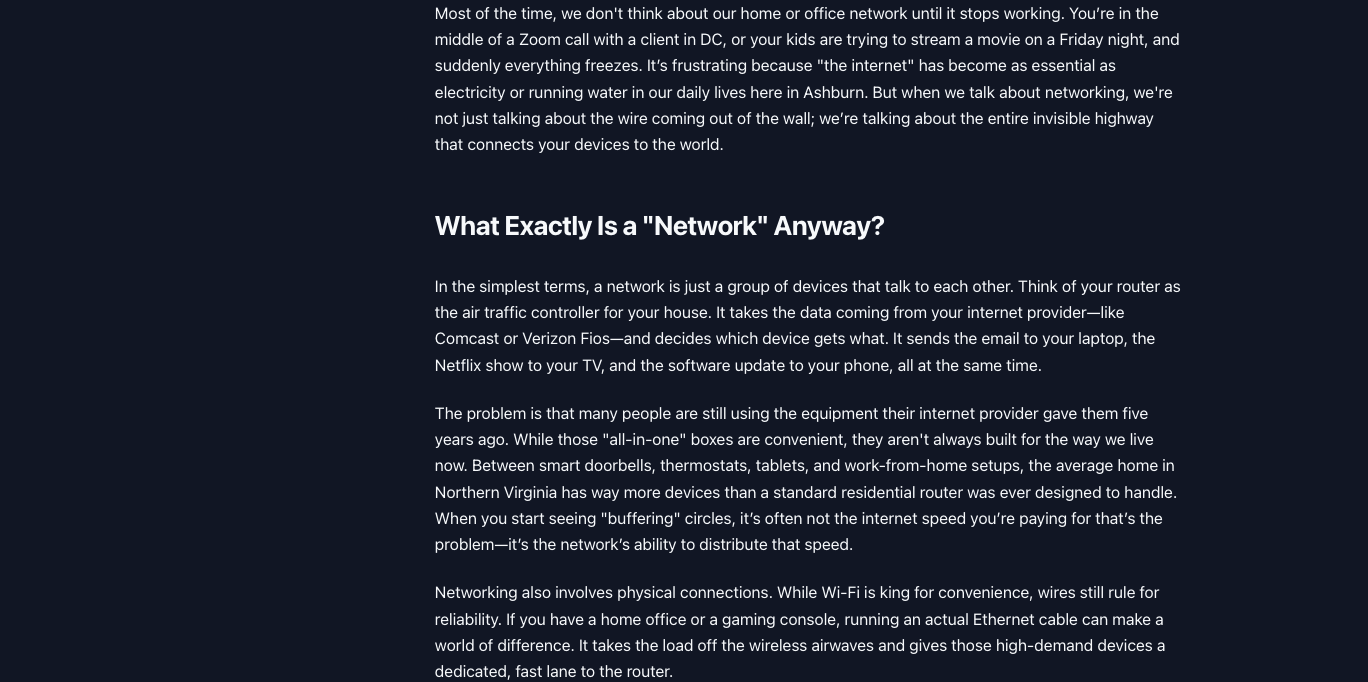 Networking article that opens with a generic Zoom-call scenario and a section titled “What Exactly Is a Network Anyway?”