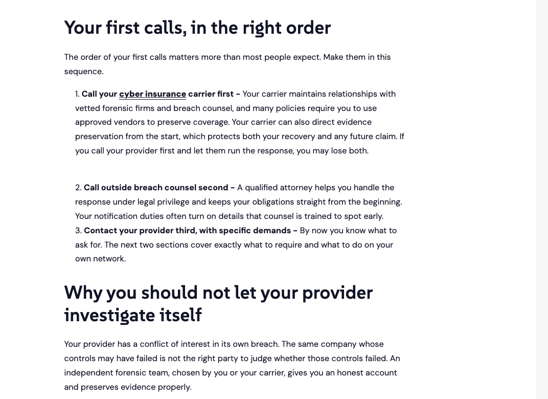 Good content example titled “Your first calls, in the right order,” with breach-response instructions and an explanation of why a provider should not investigate itself.