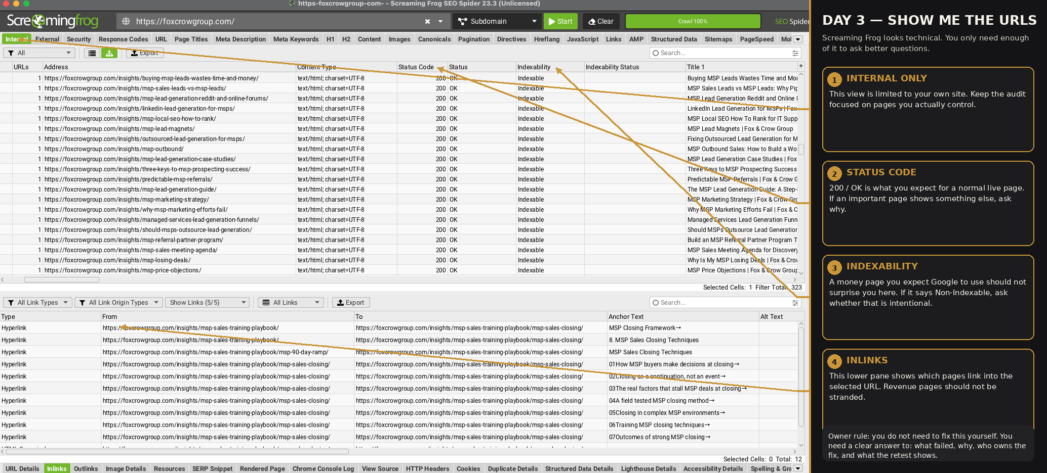 Annotated Screaming Frog Internal crawl showing status codes, indexability, and inlinks for Fox & Crow URLs.