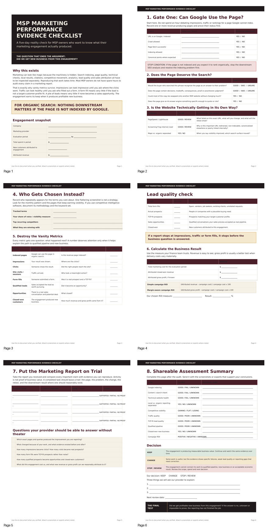Preview of the MSP Marketing Performance Evidence Checklist used to record indexation, visibility, traffic, lead quality, pipeline, revenue, and ROI evidence.