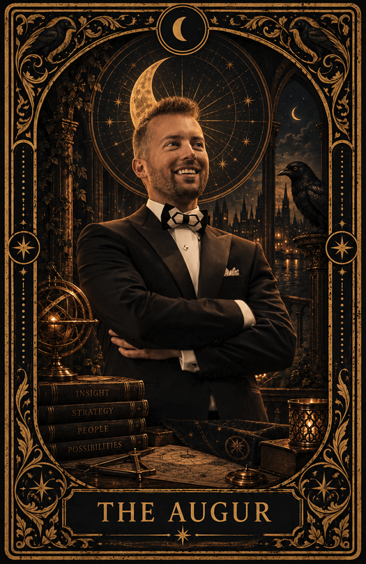 An ornate portrait of the Augur in a dark suit, with a raven, crescent moon, and books.